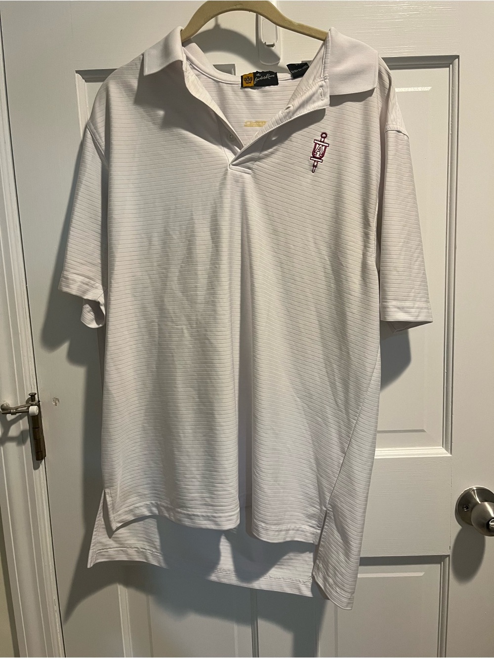 University of Alabama White Polo with Subtle Stripe and Chest Crest